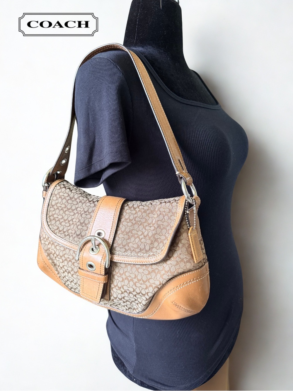 Coach Vintage Y2K Mini Signature C Soho Flap Shoulder Bag Tan Leather F10926
